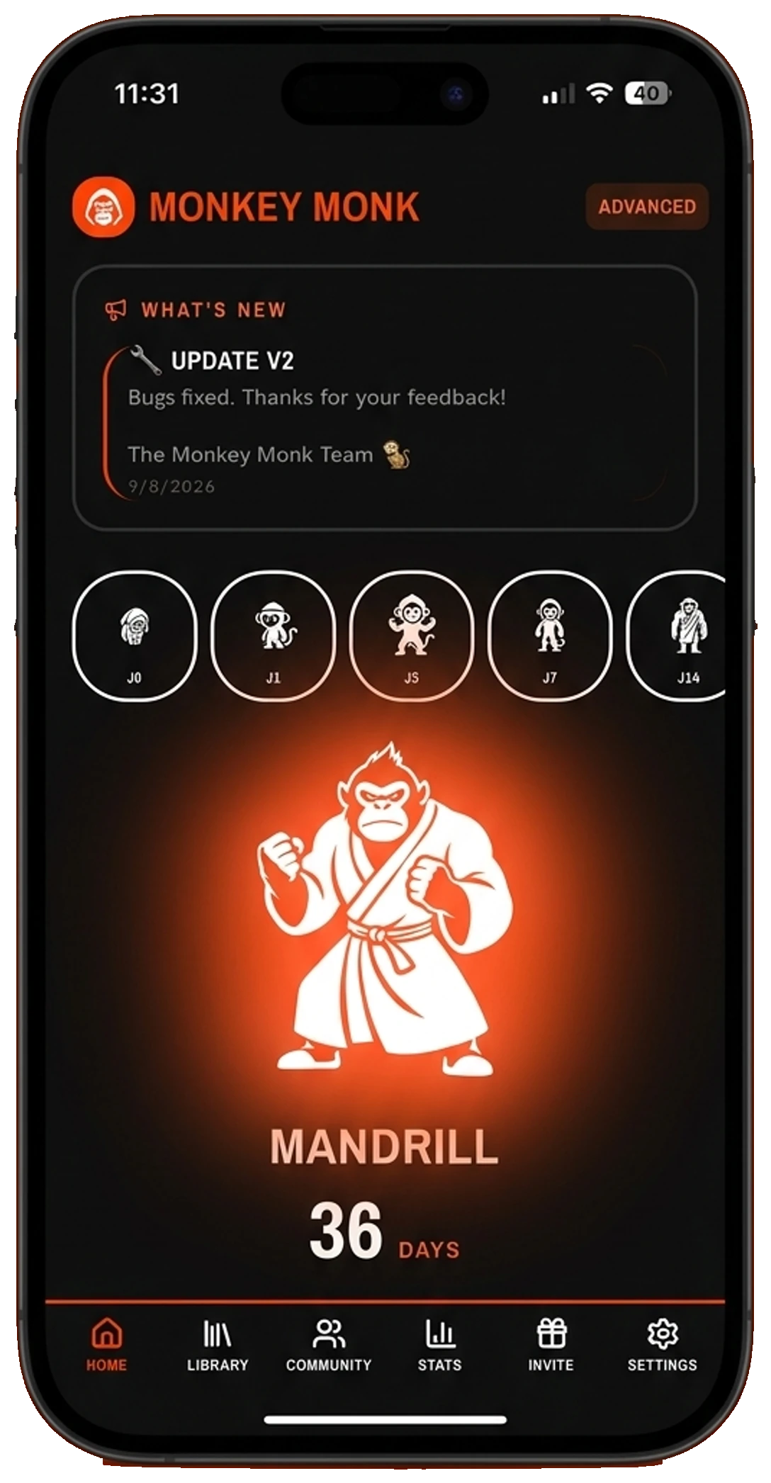 Monkey Monk home screen, Mandrill evolution stage